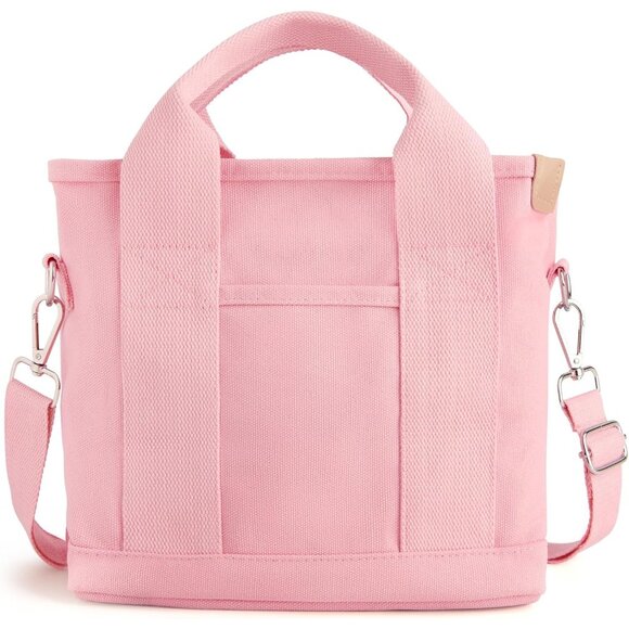 Women's Pink Canvas Tote Bag With Multi Pockets Mini Shoulder Bags With Zipper - Picture 1 of 6